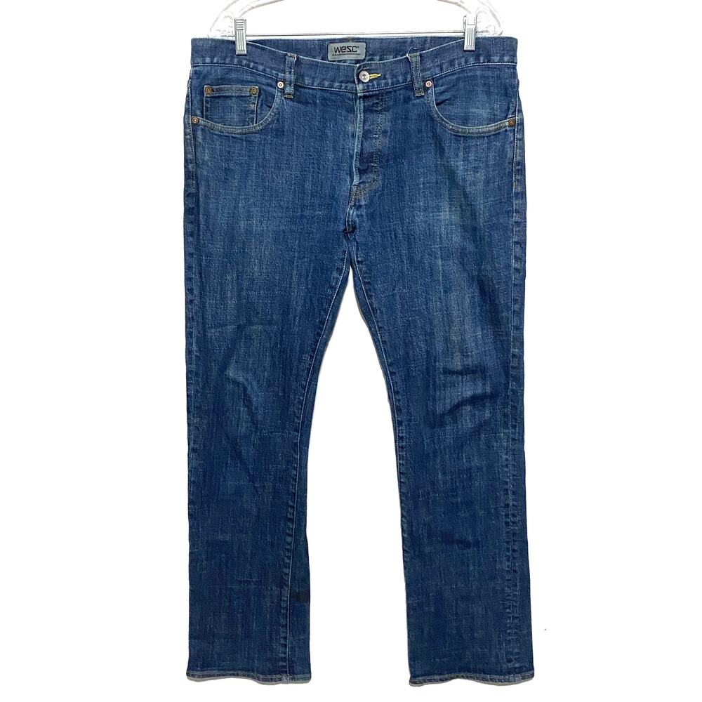 WESC Button Fly Dark Wash Straight Leg Jeans Mens 36x31 Normcore Capsule Casual